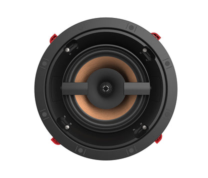 Round speaker with black frame and brown center on a white background