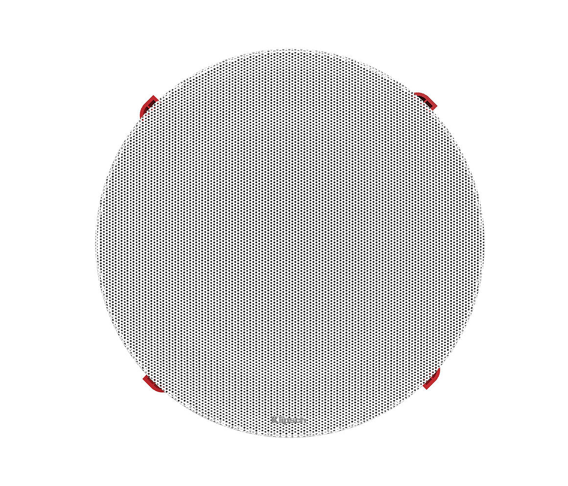 Round speaker grille with red accents on a white background