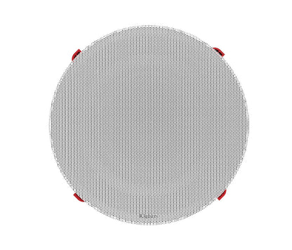 Round speaker grille with red accents on a white background