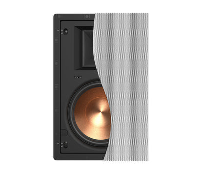 Black speaker with a metallic cone on a white background