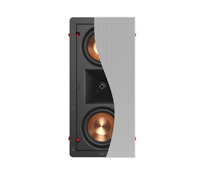 Speaker with metallic cone and black casing on a white background