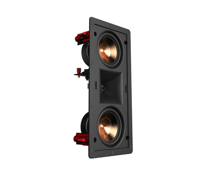 Wall-mounted speaker with metallic cones on a white background