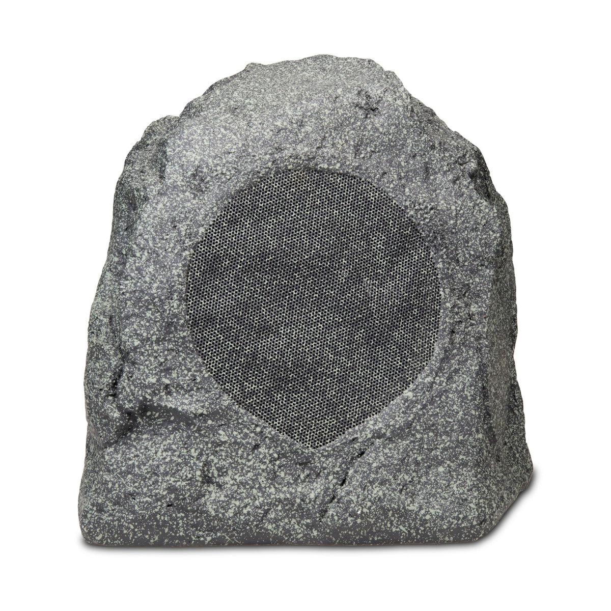 Rock-shaped outdoor speaker with a mesh grille on a white background