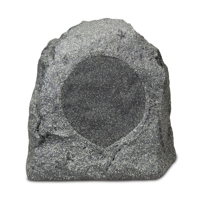 Rock-shaped outdoor speaker with a mesh grille on a white background
