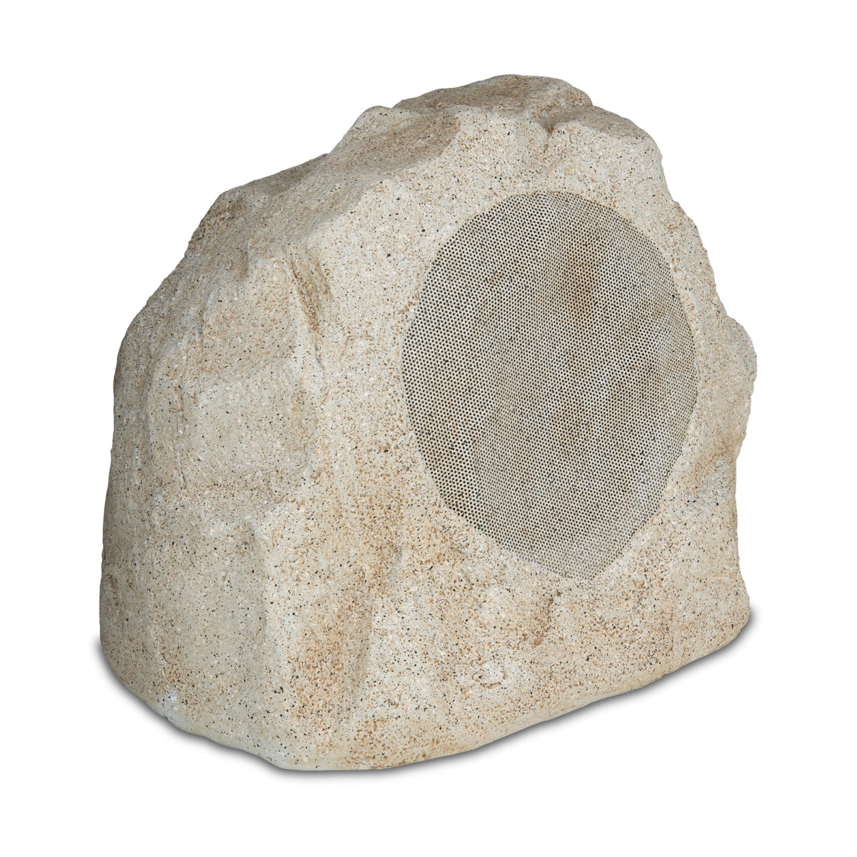 Rock-shaped outdoor speaker with a mesh grille on a white background