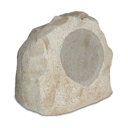 Rock-shaped outdoor speaker with a mesh grille on a white background