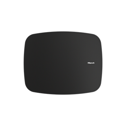 Black outdoor speaker with Klipsch logo on a white background