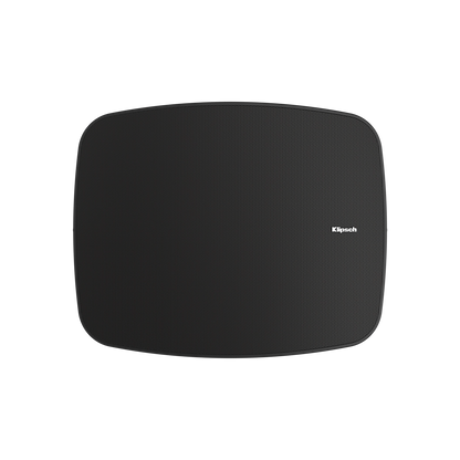 Black outdoor speaker with Klipsch logo on a white background