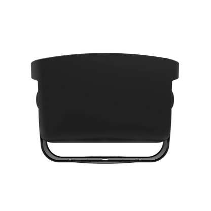 Black cushioned chair with metal frame on a white background