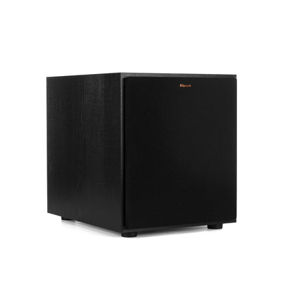 Black subwoofer with Klipsch logo on a white background