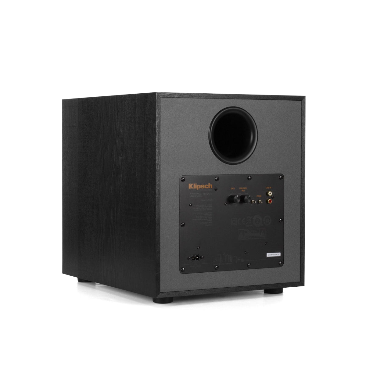 Black Klipsch subwoofer on a white background