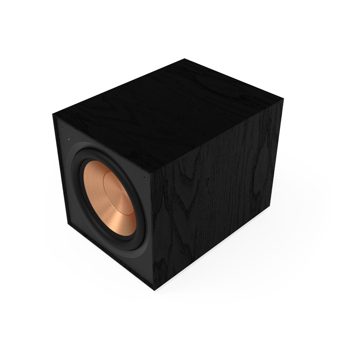 Black subwoofer with copper interior on a white background