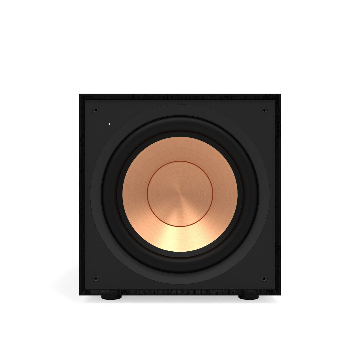 Black subwoofer with a gold center on a white background