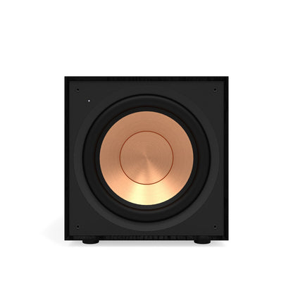 Black subwoofer with a gold center on a white background