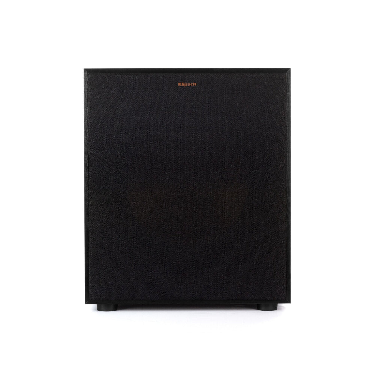 Black subwoofer with brand logo on a white background