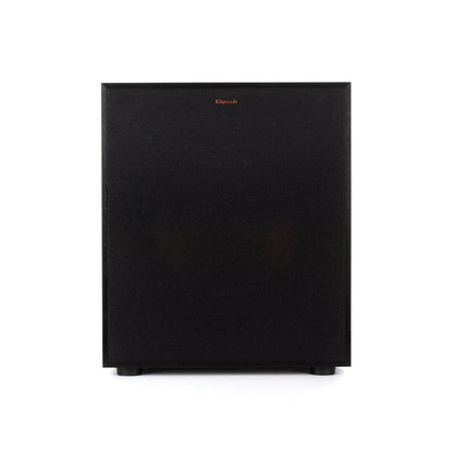 Black subwoofer with brand logo on a white background
