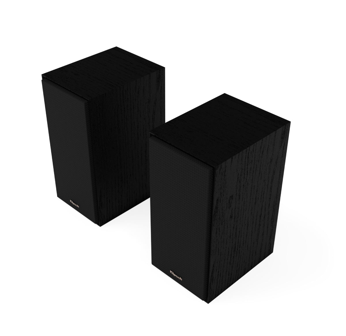Pair of black bookshelf speakers on a white background