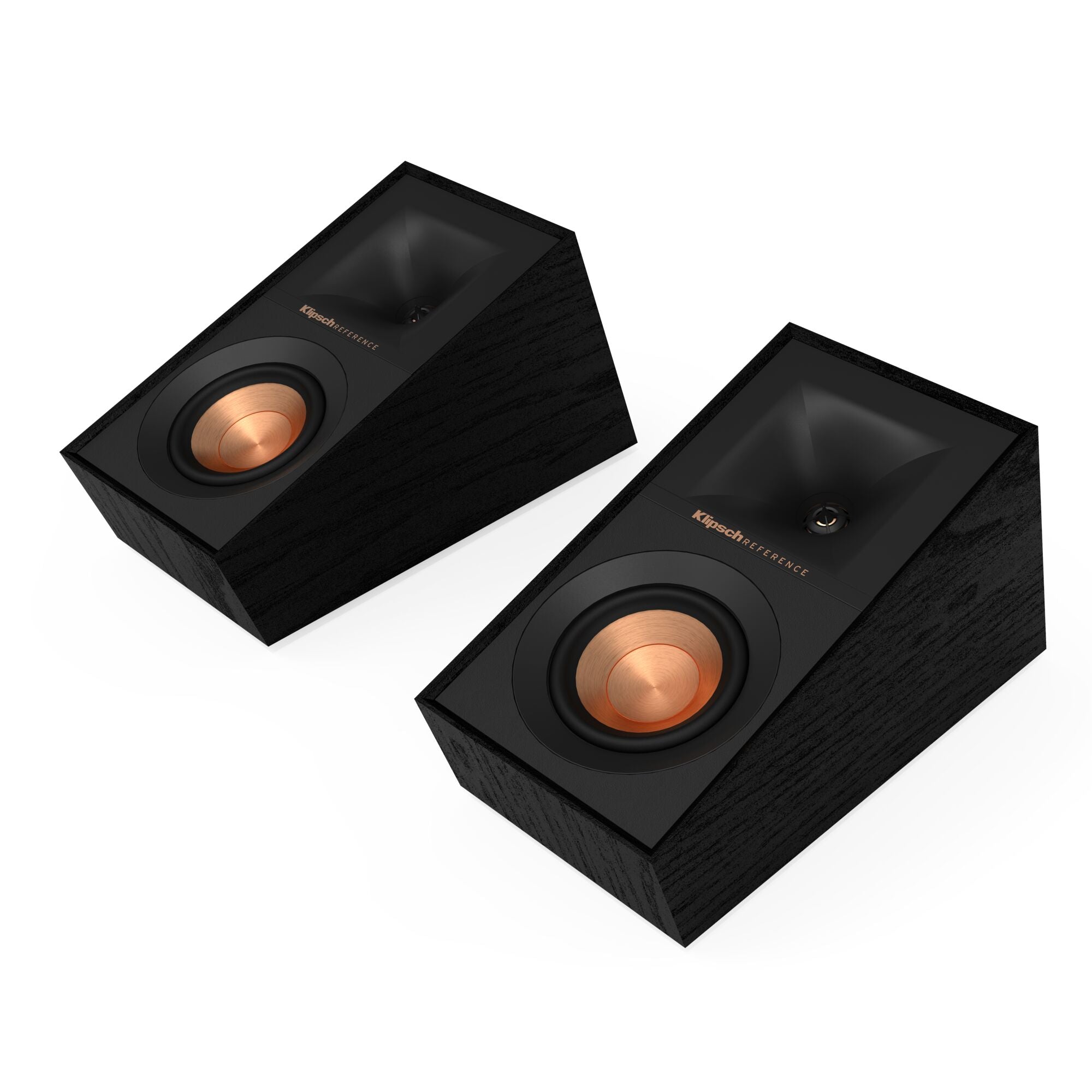 Pair of black speakers with copper accents on a white background
