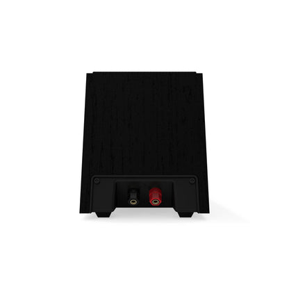 Black audio equipment component with RCA connectors on a white background