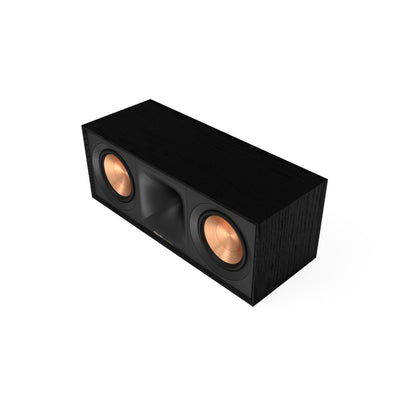 Black center channel speaker with copper cones on a white background
