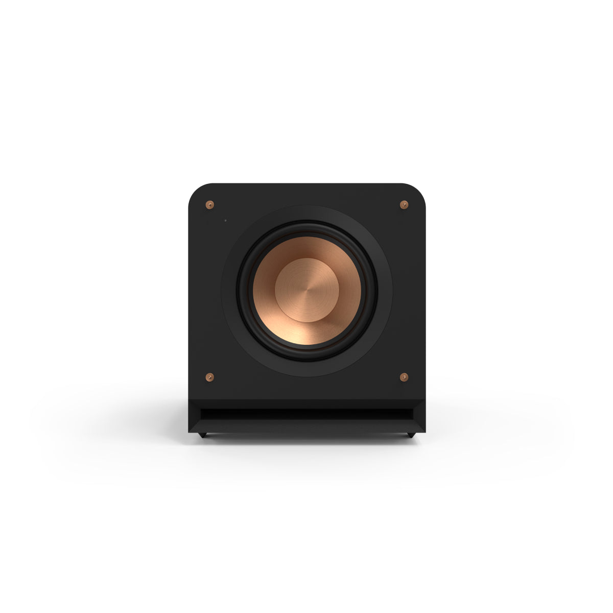 Black subwoofer with copper interior on a white background