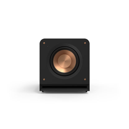 Black subwoofer with copper interior on a white background