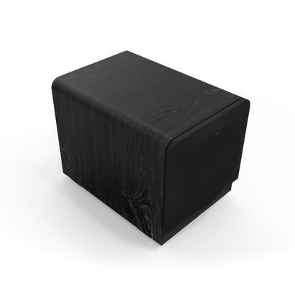 Black rectangular box with wood grain texture on a white background