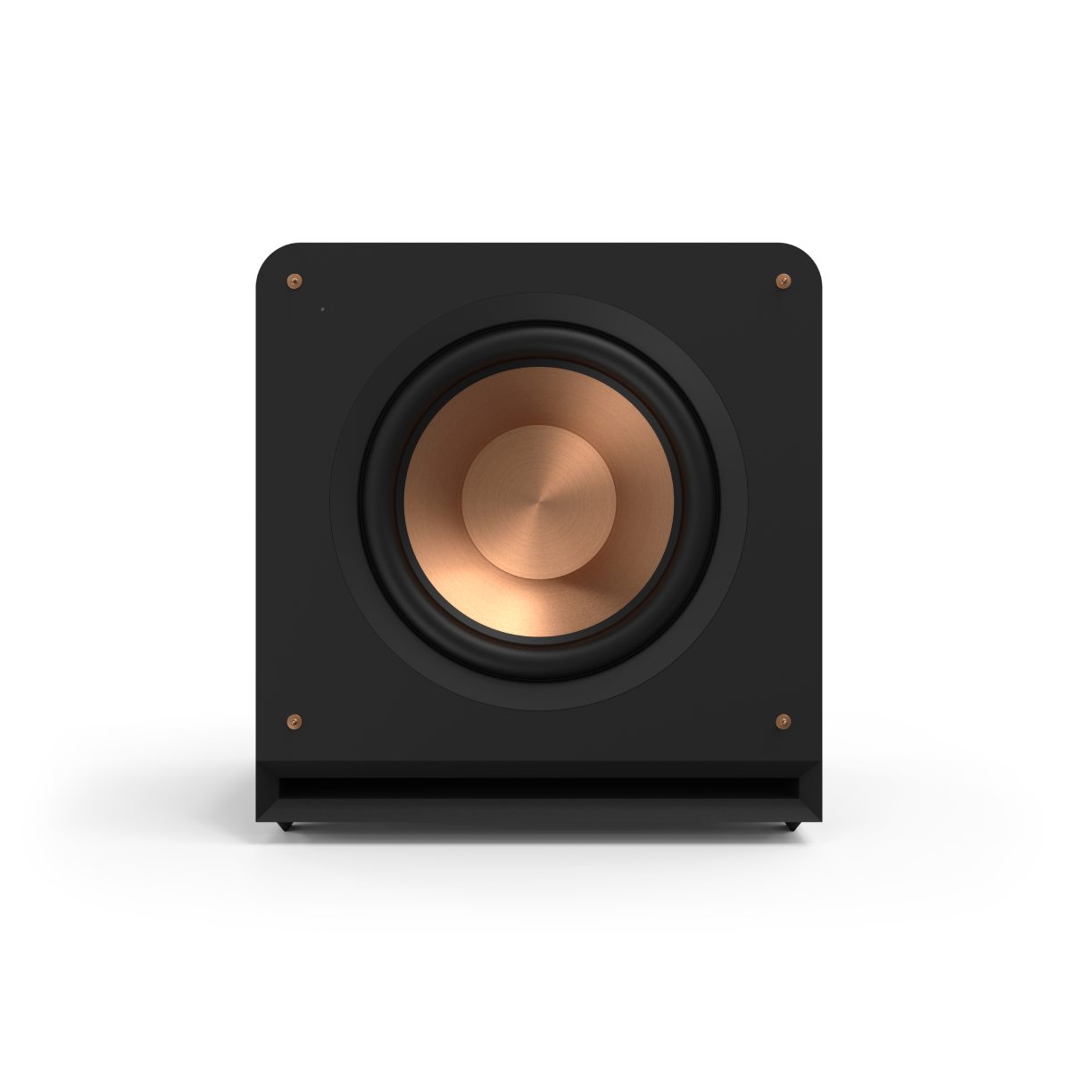 Black subwoofer with a copper driver on a white background