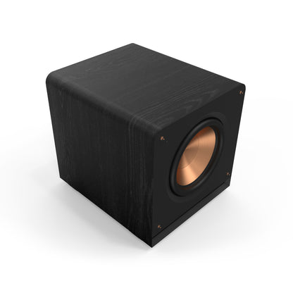 Black subwoofer with copper interior on a white background