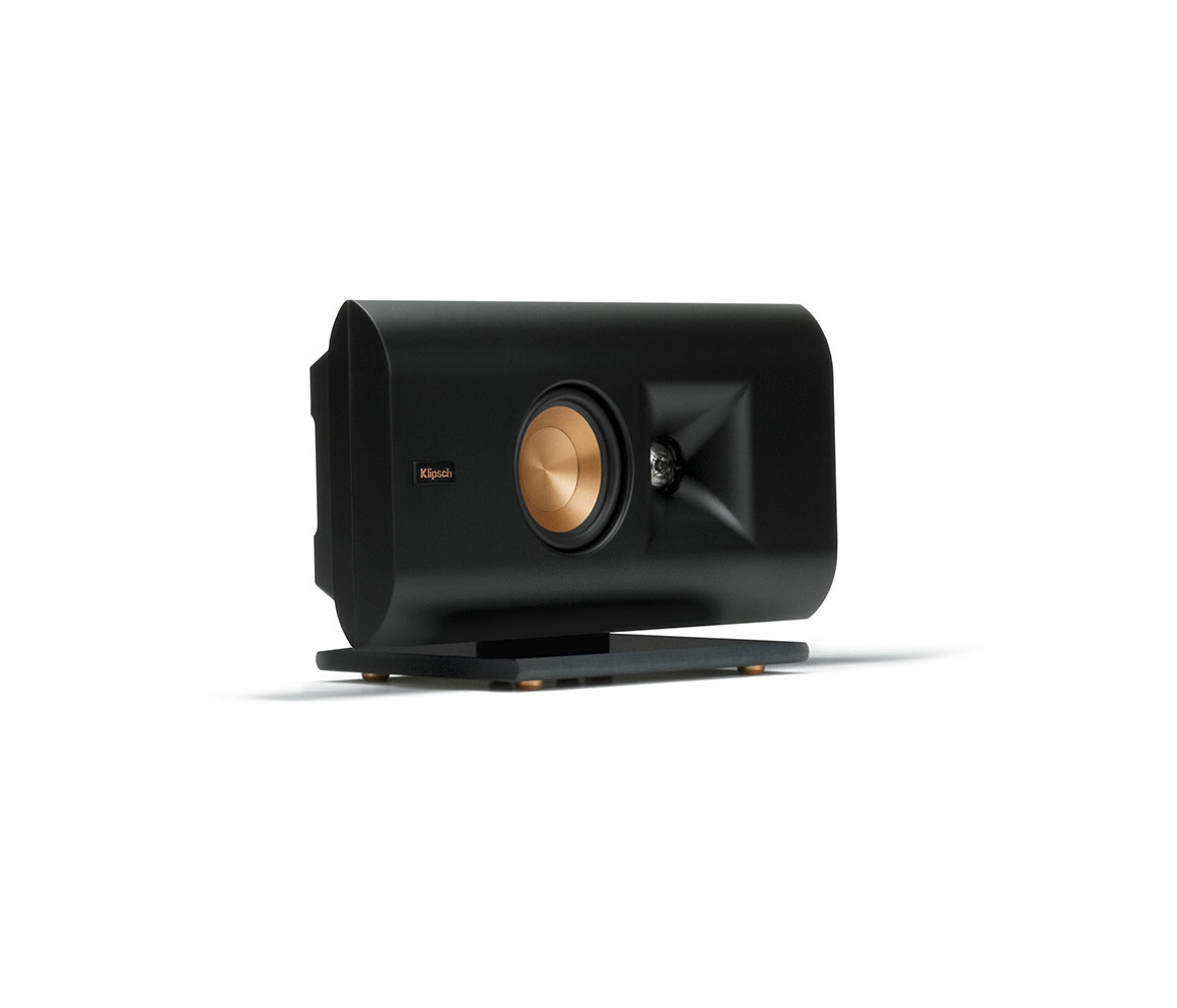 Black speaker with gold center on a white background