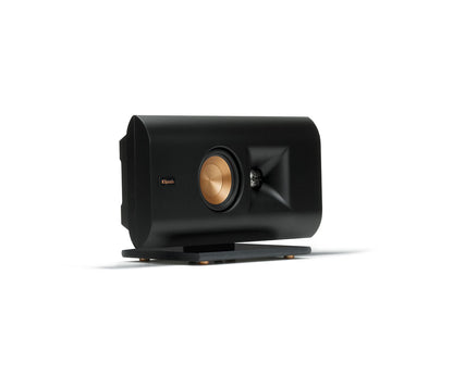 Black speaker with gold center on a white background
