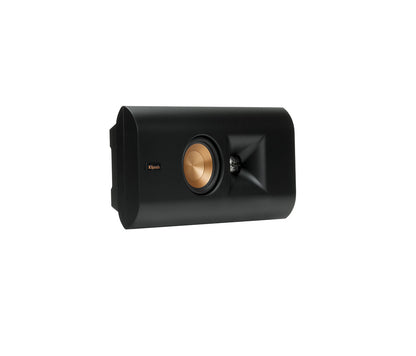 Black speaker with gold center on a white background