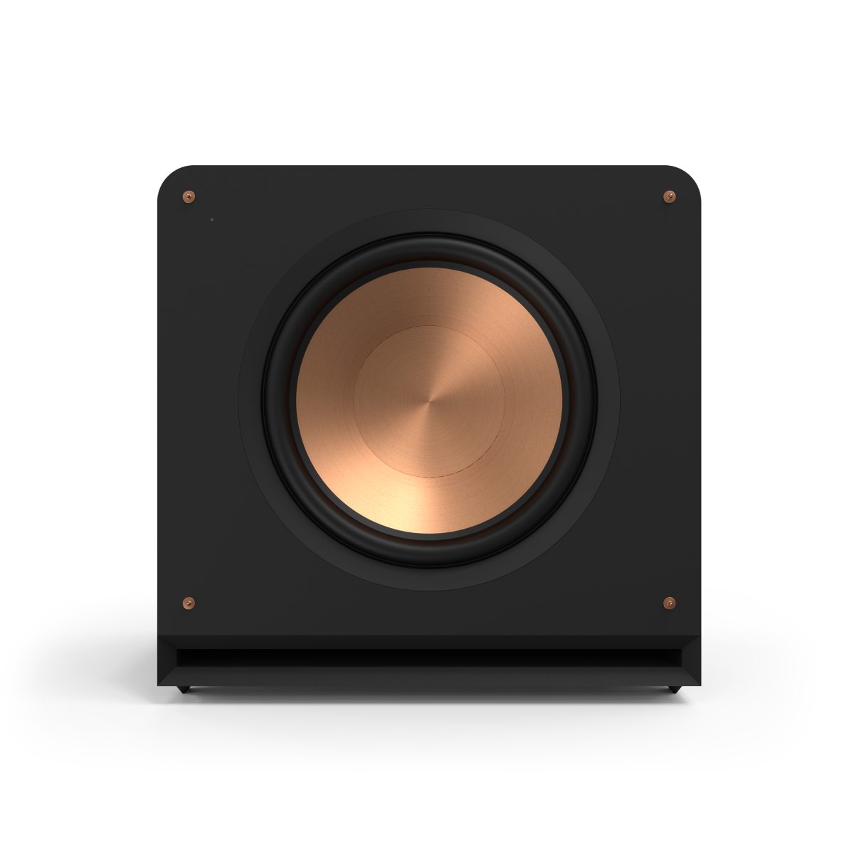 Black subwoofer with bronze cone on a white background