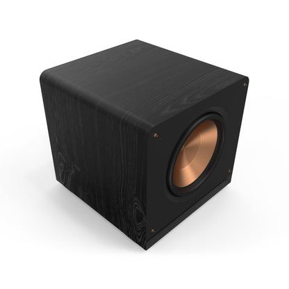 Black subwoofer with a copper driver on a white background