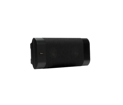 Black cylindrical speaker on a white background