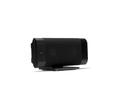 Black cylindrical speaker on a white background