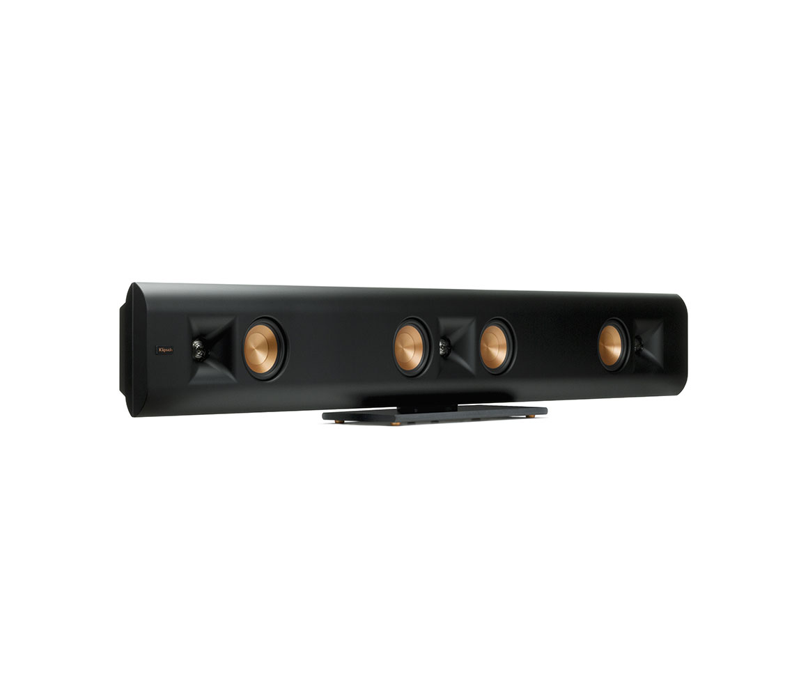 Black audio bar with multiple speakers on a white background