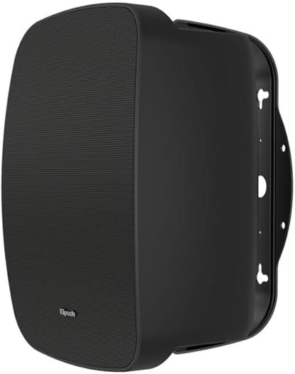 Black outdoor speaker with brand logo on a white background