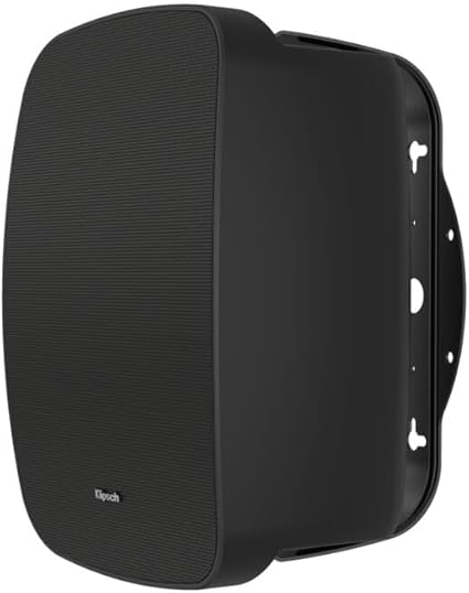 Black outdoor speaker with brand logo on a white background