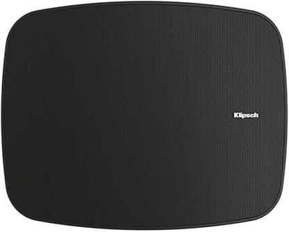 Black outdoor speaker with Klipsch logo on a black background