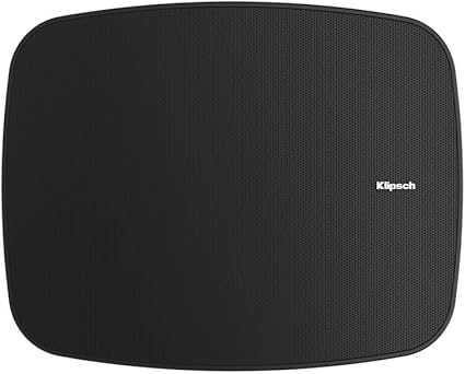 Black outdoor speaker with Klipsch logo on a black background