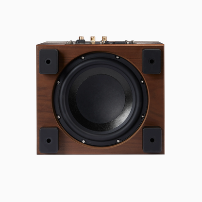Wooden subwoofer with black driver on a white background