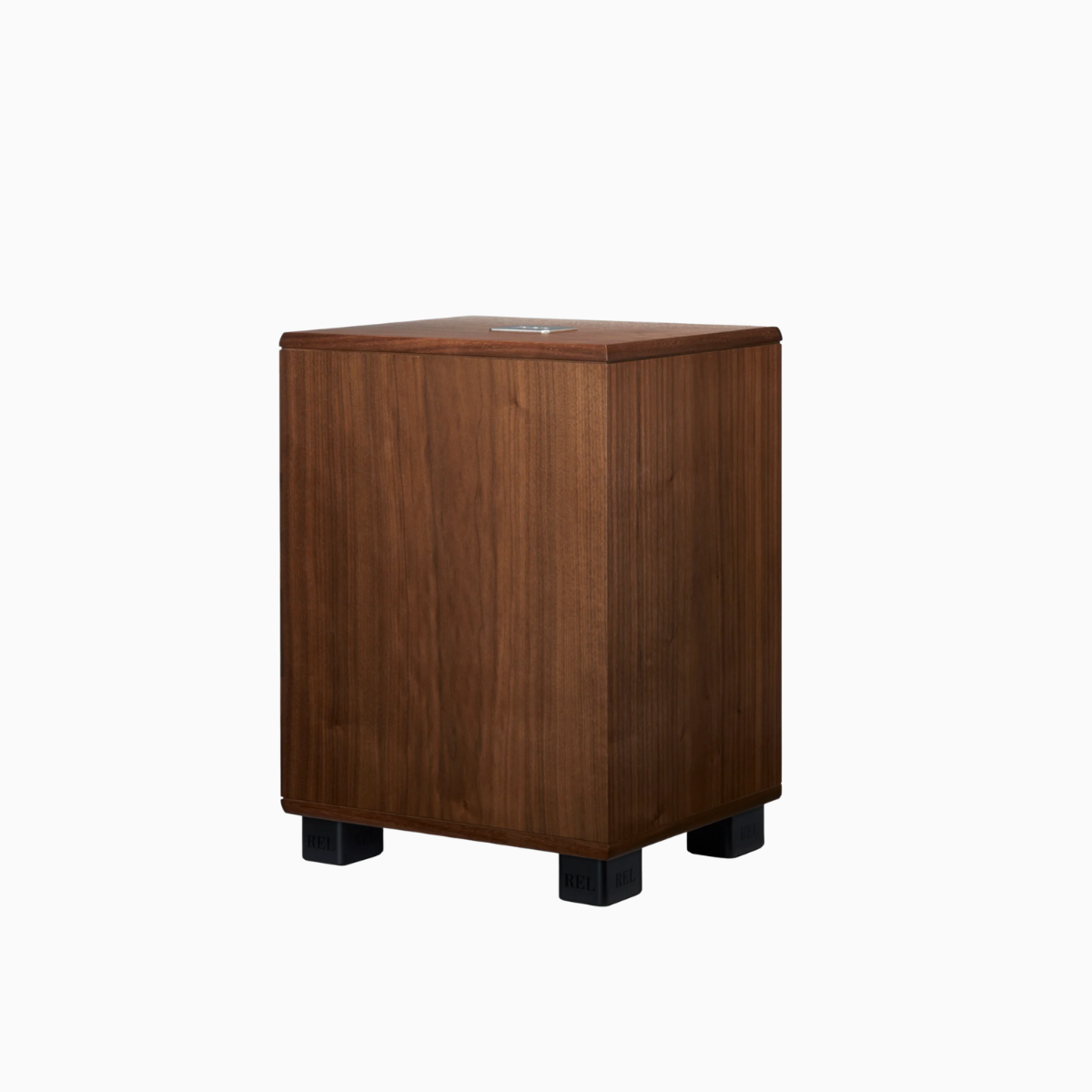 Wooden cube-shaped REL subwoofer on a white background