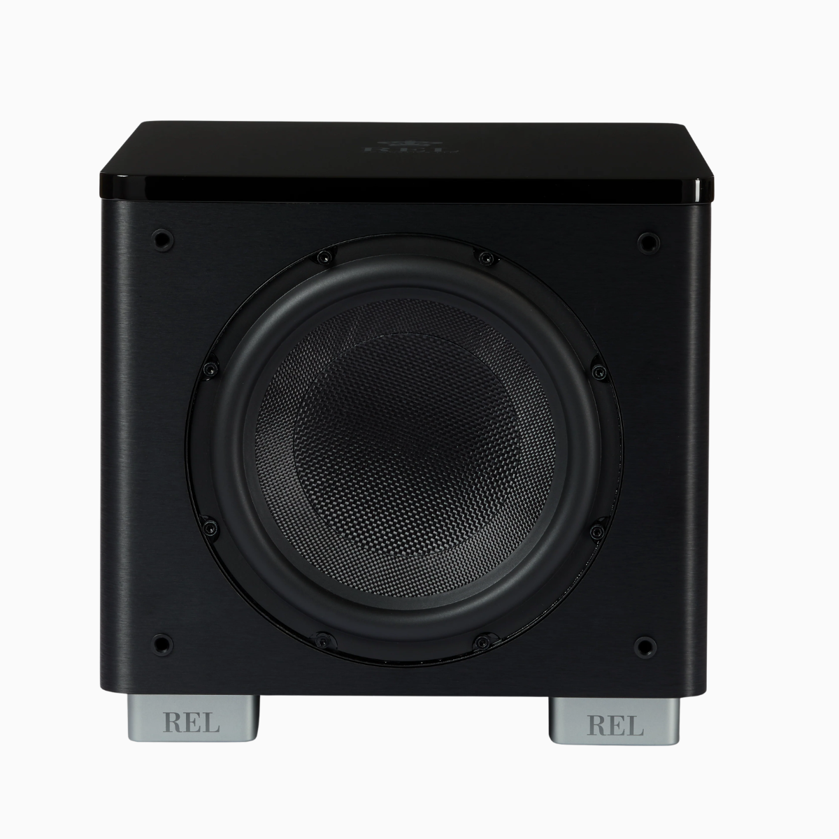 Black subwoofer with REL branding on a white background