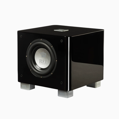 Black subwoofer with REI logo on a white background
