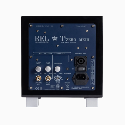 Back panel of a REL T/Zero MKIII subwoofer with branding and connectivity options on a white background.