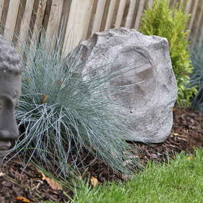 Garden scene with a stone sculpture, rock, and grassy plants.