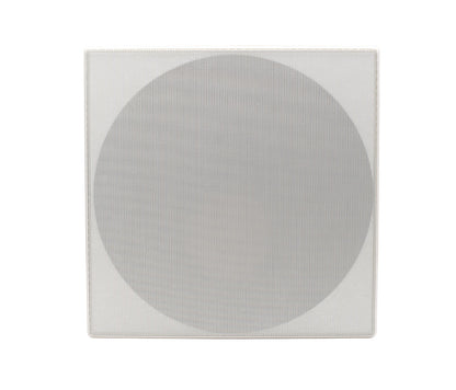 Square speaker grille with a circular mesh design on a white background