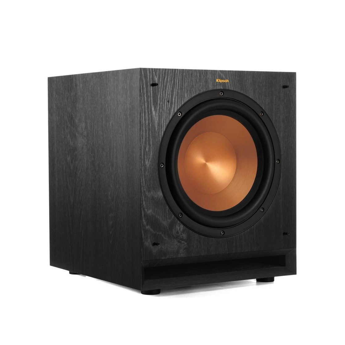 Black subwoofer with orange center on a white background