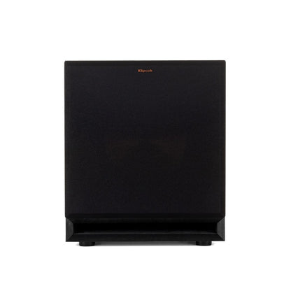 Black subwoofer with Klipsch logo on a white background